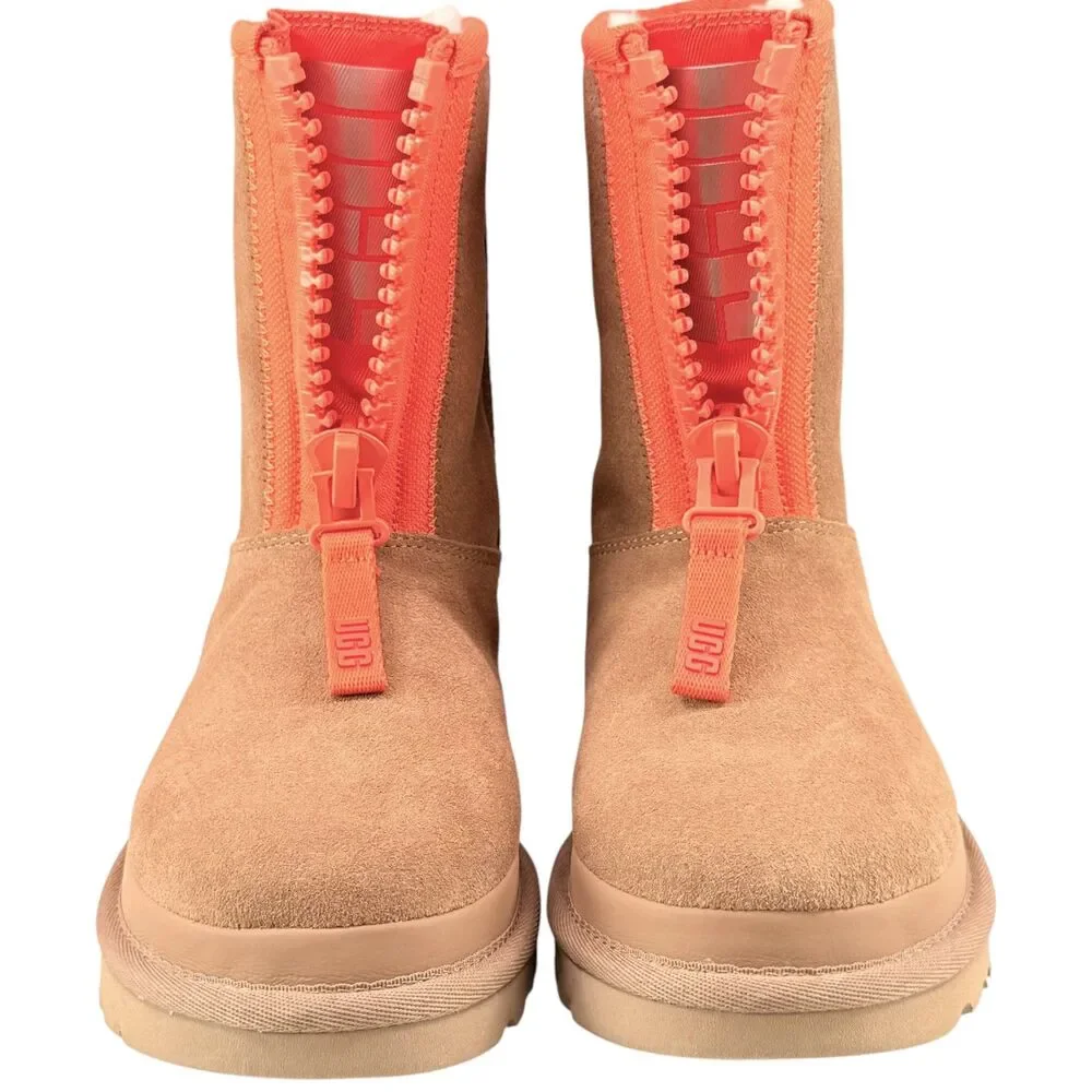 UGG Classic Short Zipper Tape Logo Boots Womens 5 Chestnut Sheepskin Winter